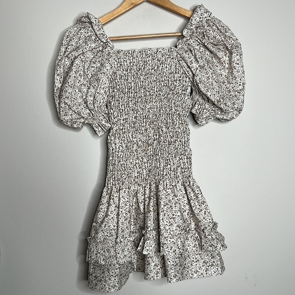 THE FEMM Cleo brown floral puff sleeve smocked mini dress NWT - Picture 8 of 8